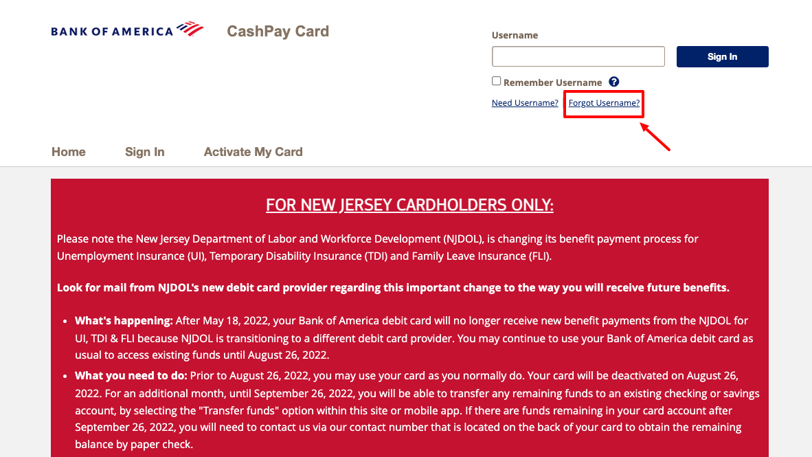 bank of america cash pay card forgot username
