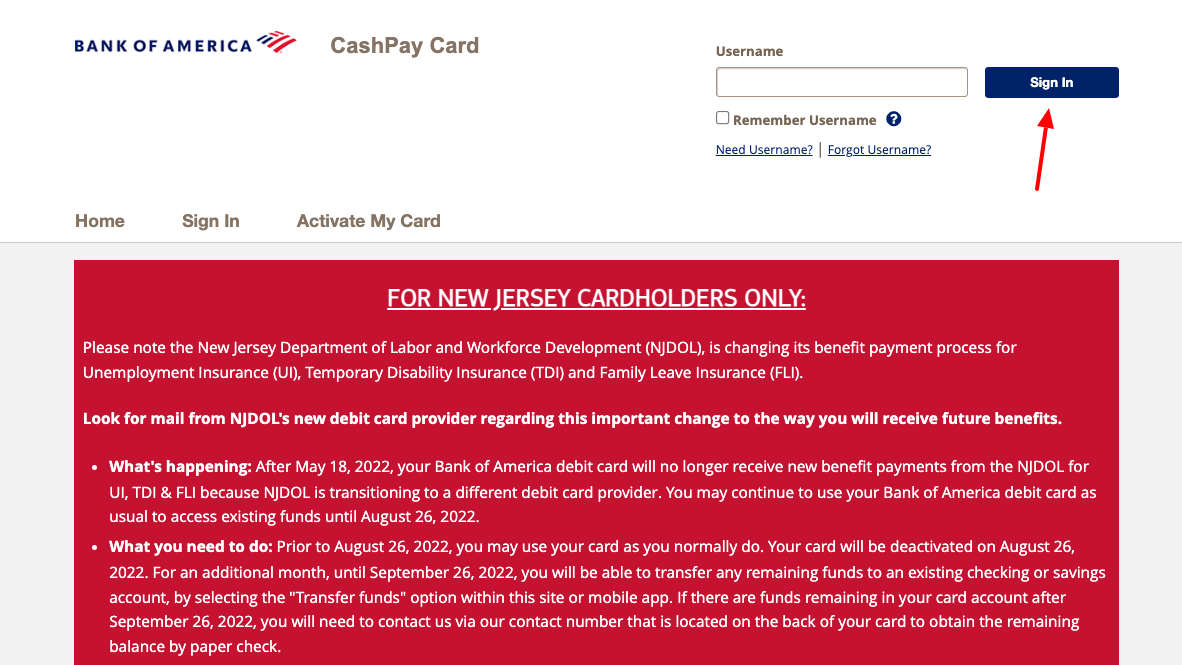 bank of america cash pay card login